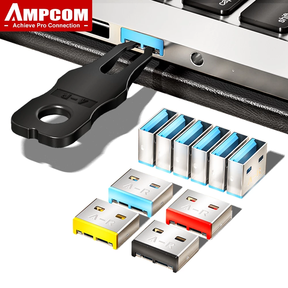 AMPCOM USB Security ใส่ล็อค, ปลั๊กกันฝุ่น USB เหล็กคาร์บอนที่ถอดออกได้, ปลั๊กบล็อกพอร์ต USB สําหรับคอมพิวเตอร์และแล็ปท็อป