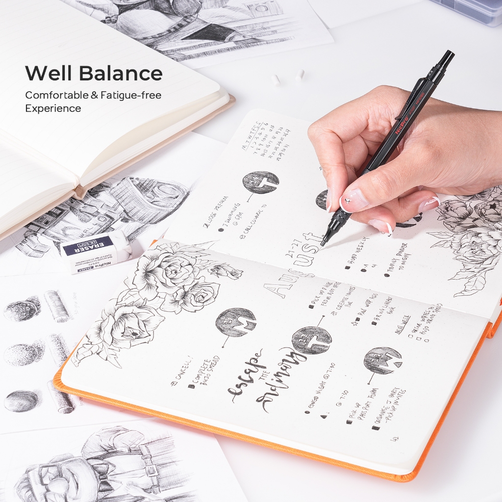 Nicpro 2 ชิ้น ดินสอกด 0.5 มม. & 0.7 มม. พร้อมเคส, MP1000 โลหะชุดดินสอศิลปินพร้อมไส้ตะกั่ว HB 4 หลอด, ยางลบ 2 อัน, ไส้ยางลบ 9 ไส้สําหรับการเขียนศิลปะการวาดภาพ, - รูปที่ 5