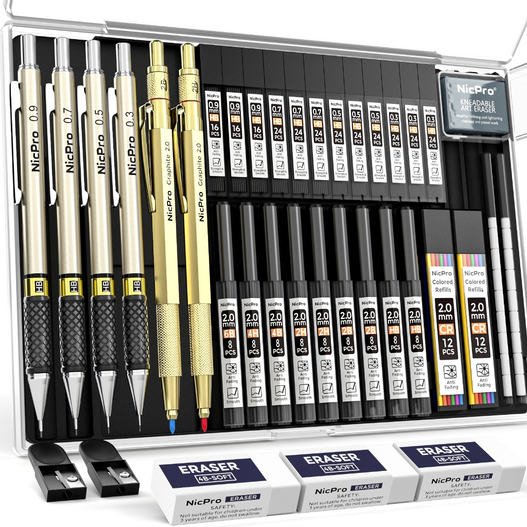 Nicpro 37PCS Gold/Black Art Mechanical ชุดดินสอ, 4PCS โลหะร่างดินสอ 0.3/0.5/0.7/0.9 มม. & 2PCS 2 มม.ผู้ถือตะกั่ว (6B 4B 2B HB 2H 4H) อุปกรณ์การเรียนสําหรับ Sketching