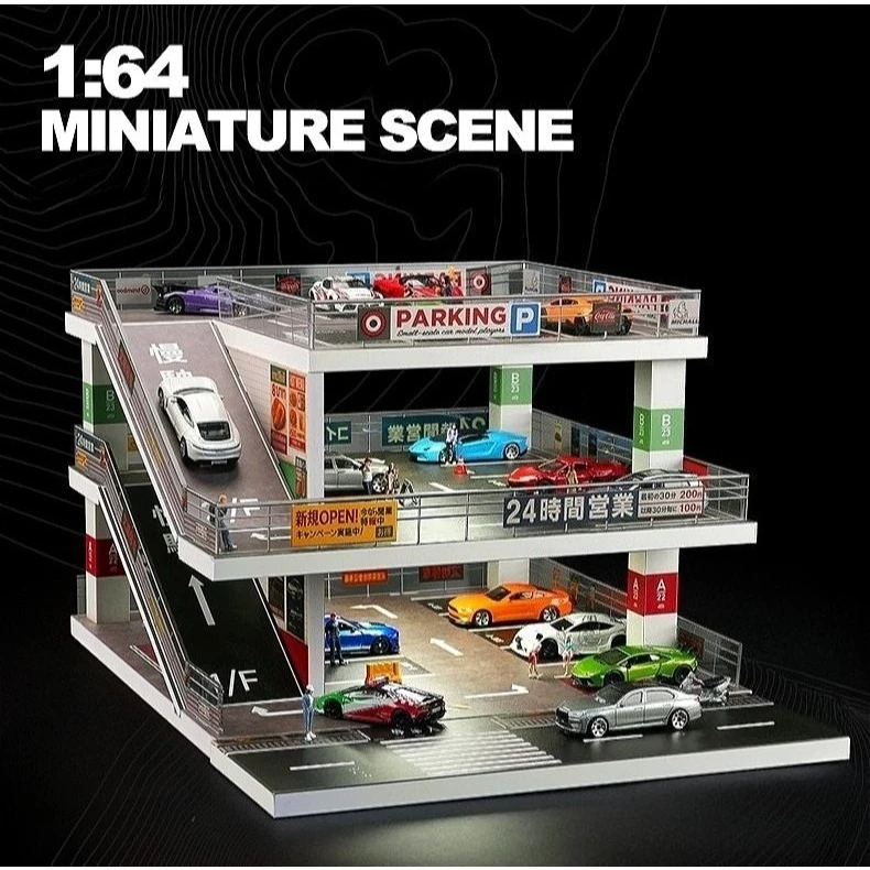 1/64 Diorama Diecast Garage Model LED Multi-Story Parking Lot Scene Display Case