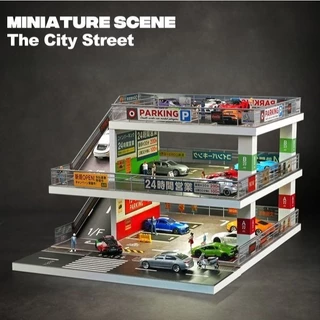 1/64 Diorama Diecast Garage Model LED Multi-Story Parking Lot Scene Display Case