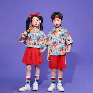SweetKids พร้อมส่งจากกทม🌸ชุดเซ็ทเด็ก🍓ชุดเชียร์ลีดเดอร์สำหรับเด็กชายและเด็กหญิง ชุดเต้นรำสำหรับ ยอดนิยม ลายการ์ตูน ใส่สบายมาก สีสดใสฤดูร้อน