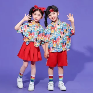 SweetKids พร้อมส่งจากกทม🌸ชุดเซ็ทเด็ก🍓ชุดเชียร์ลีดเดอร์สำหรับเด็กชายและเด็กหญิง ชุดเต้นรำสำหรับ ยอดนิยม ลายการ์ตูน ใส่สบายมาก สีสดใสฤดูร้อน