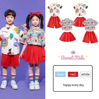 SweetKids พร้อมส่งจากกทม🌸ชุดเซ็ทเด็ก🍓ชุดเชียร์ลีดเดอร์สำหรับเด็กชายและเด็กหญิง ชุดเต้นรำสำหรับ ยอดนิยม ลายการ์ตูน ใส่สบายมาก สีสดใสฤดูร้อน