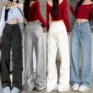 4สี กางเกงยีนส์ กางเกงกระบอก ทรงหลวม งานเกาหลี งานปักลายโบว์#101218
