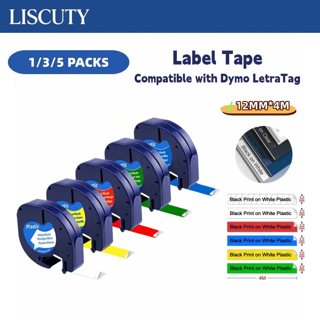 เปลี่ยนสําหรับ Dymo LetraTag เติมฉลาก Maker เทป 12 มม.x 4 ม., 1/3/5X เทปฉลากใช้งานร่วมกับ Dymo Letra