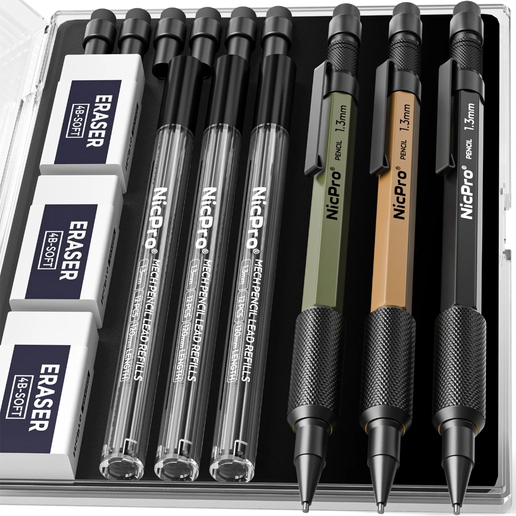 Nicpro 3 ชิ้น 1.3 มม. ชุดดินสอ 3 สี 36 เติมตะกั่ว, 3 ยางลบ - Weatherproof โลหะ MP2000 Heavy Duty Carpenter ดินสอสําหรับกลางแจ้งเครื่องหมายร่างการวาดภาพ