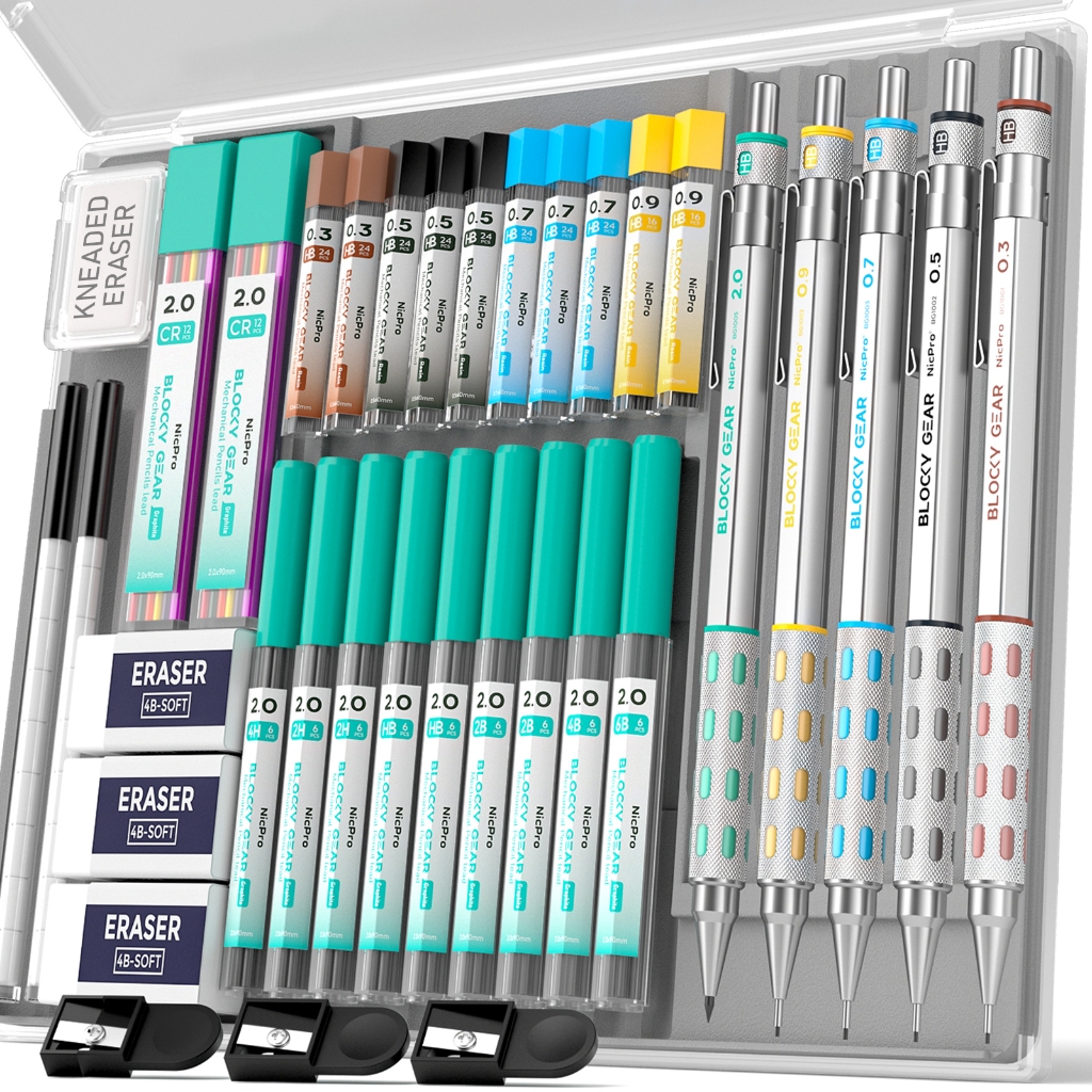 Nicpro 5 ชิ้นโลหะเกรดสูง Blocky Gear Metal Mechanical Pencil Set, Drafting Pencils in 0.3 & 0.5 & 0.7 & 0.9 & 2.0 มม. (4H 2H HB 2B 4B 6B สี) ใช้สําหรับการเขียนและร่าง