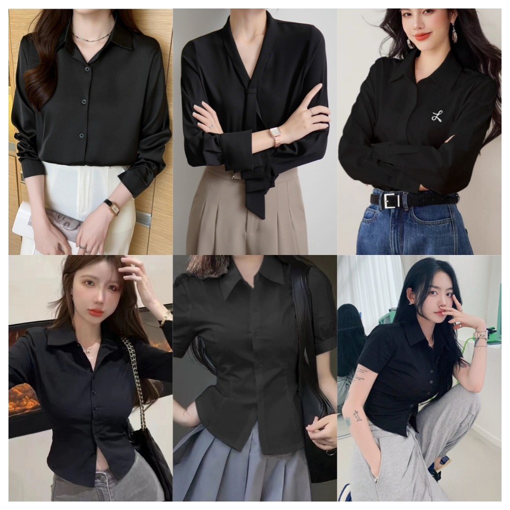 【ส่งจากไทย】เสื้อเชิ้ตแขนยาวผู้หญิง คอปกแฟชั่นผู้หญิง office style เรียบๆ เสื้อเชิ้ตสีดำ เหมาะสำหรับการไว้อาลัย