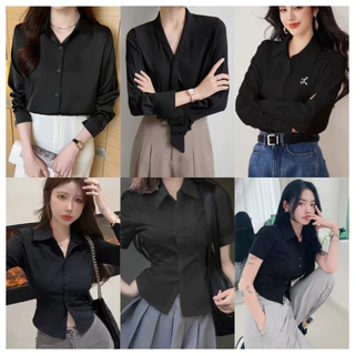 【ส่งจากไทย】เสื้อเชิ้ตแขนยาวผู้หญิง คอปกแฟชั่นผู้หญิง office style เรียบๆ เสื้อเชิ้ตสีดำ เหมาะสำหรับการไว้อาลัย
