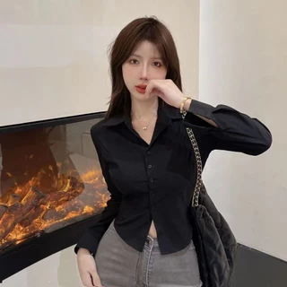 【ส่งจากไทย】เสื้อเชิ้ตแขนยาวผู้หญิง คอปกแฟชั่นผู้หญิง office style เรียบๆ เสื้อเชิ้ตสีดำ เหมาะสำหรับการไว้อาลัย