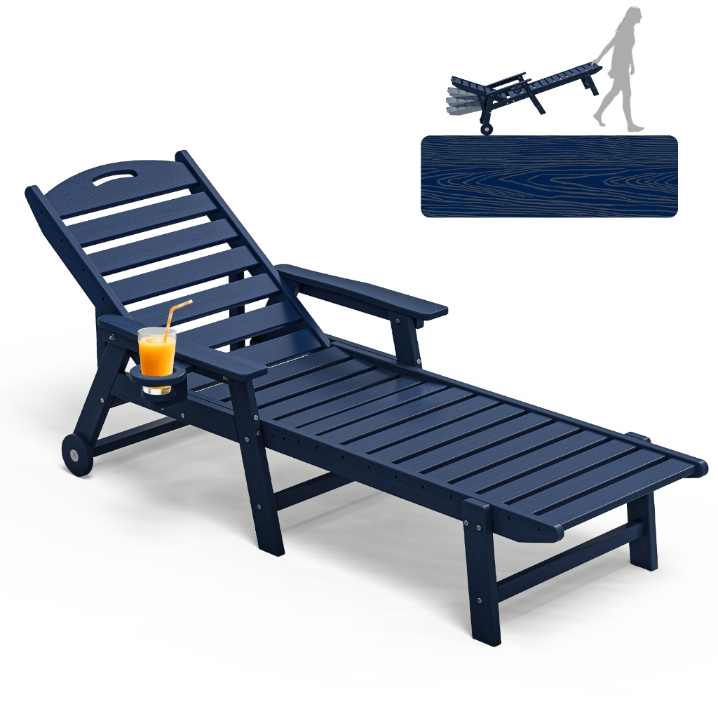 Nevilywood ขนาดใหญ่ HDPE Chaise Lounges – ผู้เอนกายกลางแจ้ง 5 ตําแหน่งแบบปรับได้พร้อมล้อและที่วางแก้ว ทนสภาพอากาศสําหรับลาน สระ สวน