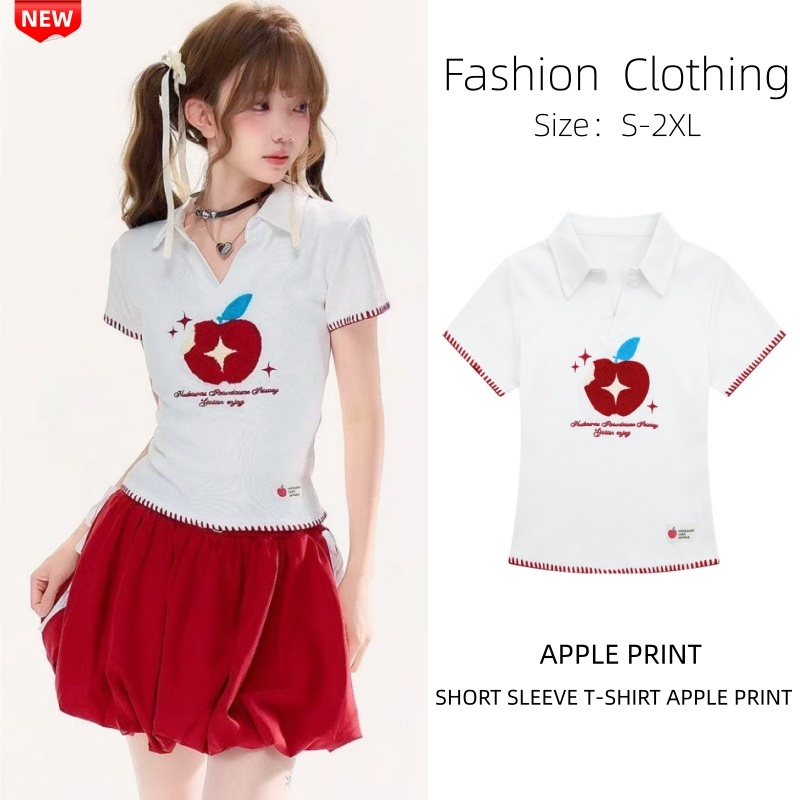 Bra Queen🍎เสื้อยืดคอปกแขนสั้น พิมพ์ลายแอปเปิ้ล เสื้อคอวี ผ้านิ่ม ใส่บาย ทรงสวยแมทช์ได้ทุกลุค