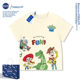 NASA เสื้อยืดเด็ก ผ้าฝ้าย 100% เสื้อยืดเด็กแขนสั้น สีขาว ลายการ์ตูนบัซ ไลท์เยียร์ ใส่สบาย ทรงหลวม ระบายอากาศดี