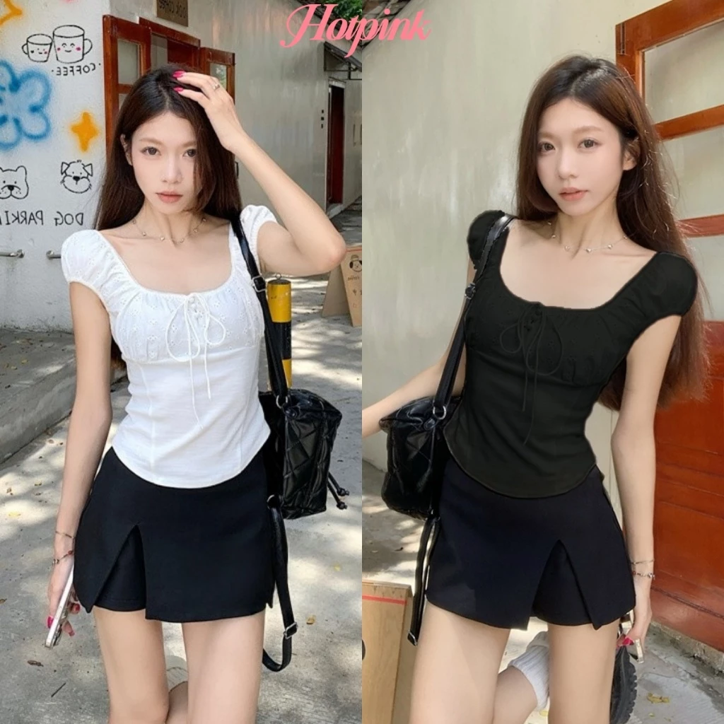 Hotpink ส่งจาก Bangkok🔥สาวฮอต ทรงเข้ารูป เสื้อยืดคอเหลี่ยม เสื้อแขนสั้นฤดูร้อน เสื้อแขนพอง