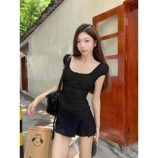 Hotpink ส่งจาก Bangkok🔥สาวฮอต ทรงเข้ารูป เสื้อยืดคอเหลี่ยม เสื้อแขนสั้นฤดูร้อน เสื้อแขนพอง