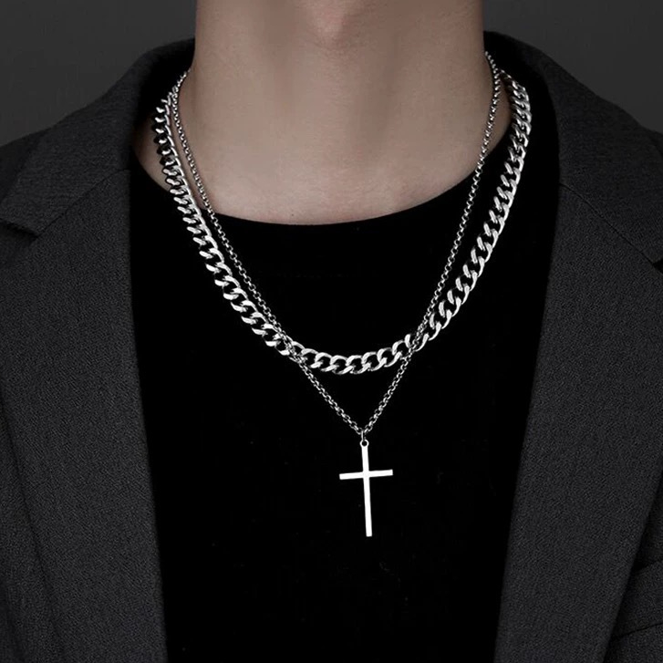 สร้อยคอจี้ไม้กางเขนสองชั้น สไตล์มินิมอล โซ่เหล็กไทเทเนียม สำหรับทุกคน