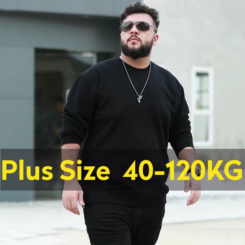 พลัสขนาดผู้ชายลําลองสีดํารอบคอเสื้อยืดแขนยาว