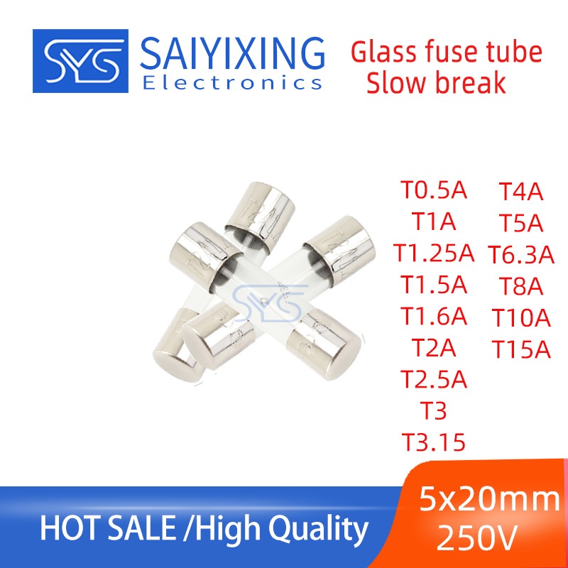 20PCS 5 * 20 250V ช้า Break T หลอดฟิวส์แก้ว T0.5A T1 T1.25 T1.5 T2 T2.5 T3.15 T6. 3A T8 T10A T15A รู