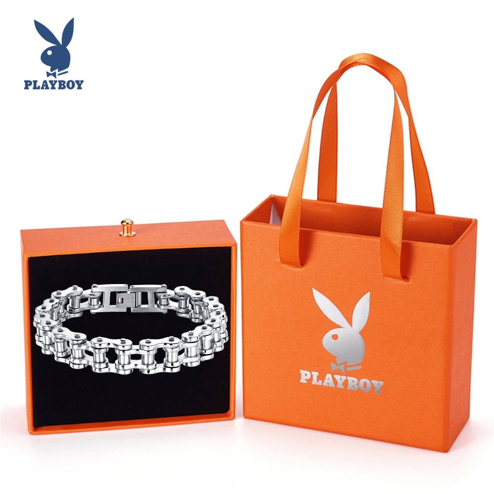 PLAYBOY  ผู้ชาย แฟชั่น  เงิน สแตนเลส 100% แท้ bracelet  พร้อมกล่อง ของขวัญ GS781
