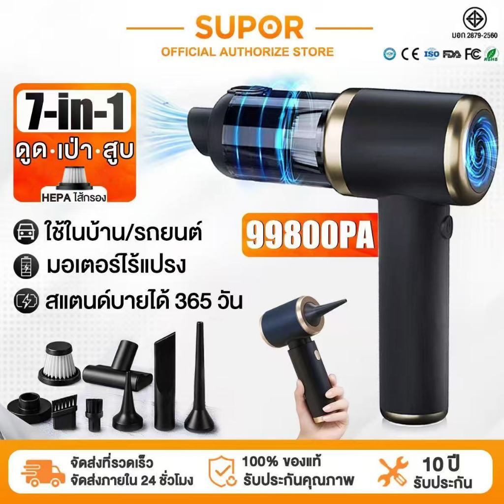 SUPOR เครื่องดูดฝุ่นมือถือ 7-in-1 เครื่องดูดฝุ่นไร้สายใช้ในรถยนต์ มาพร้อมการชาร์จที่ทรงพลัง การเป่าลม ดูดฝุ่น 2ใน1