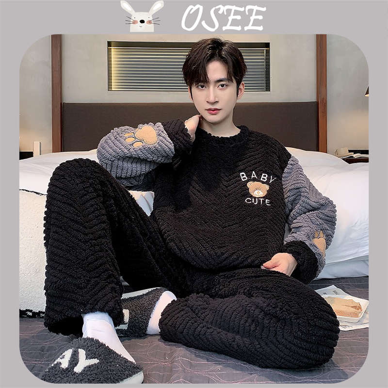 [โอเซ่] ชุดนอนผู้ชายขนแกะปะการังฤดูใบไม้ร่วงและฤดูหนาวขนแกะเรียงรายหนาผู้ชายผู้ชายฤดูหนาวความร้อนสักหลาด ชุดบ้าน สูท