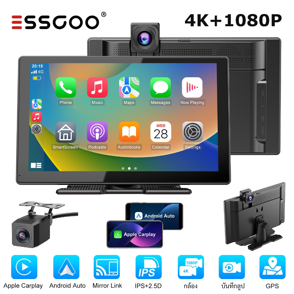 ~จังหวัดสมุทรสาคร ส่ง~4K + 1080P 9 นิ้วหน้าจอสัมผัสเลนส์คู่รถ DVR Dash Cam WIFI บลูทู ธ เสียงควบคุมฟ