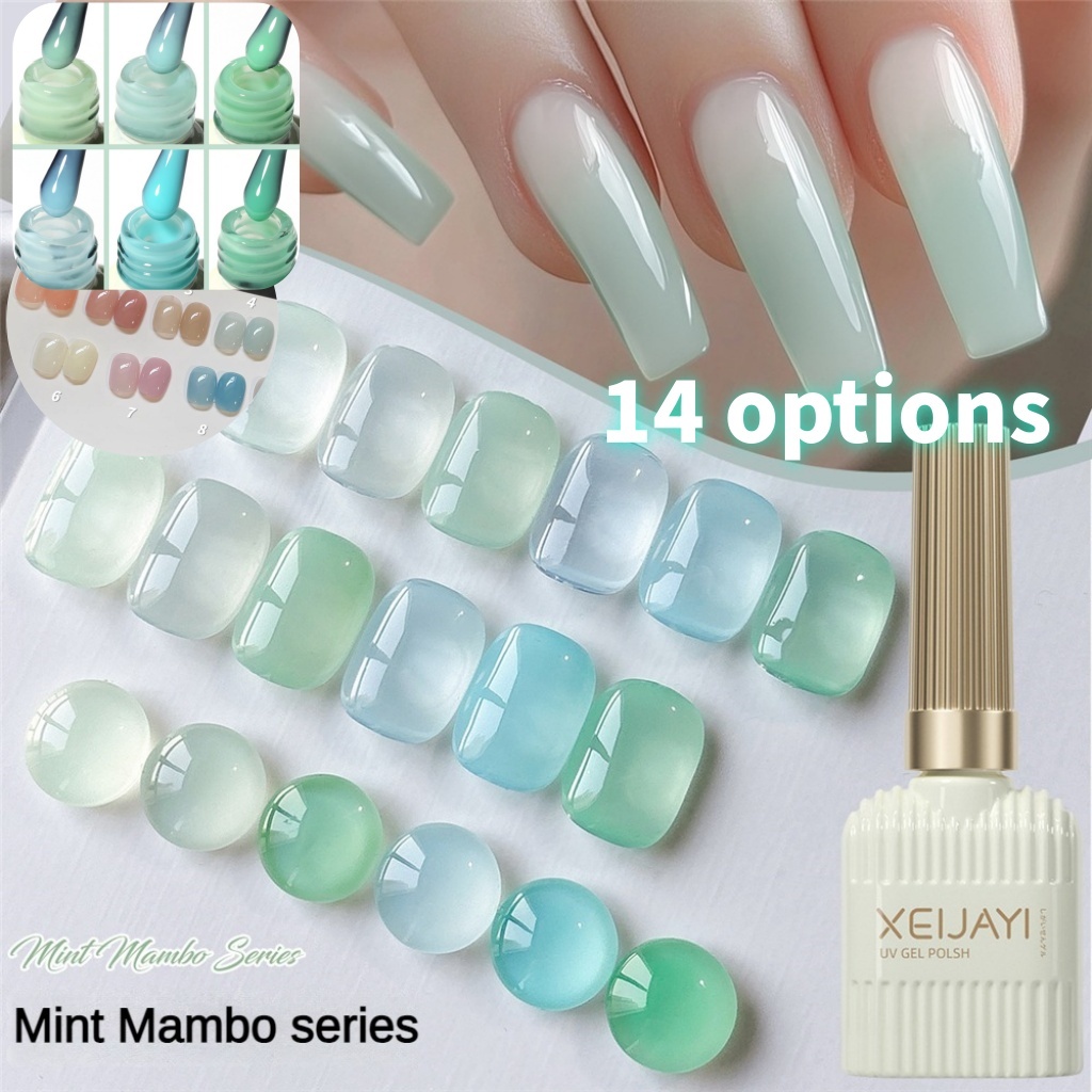 6 ชิ้น XEIJAYI เจลทาเล็บใสสีน้ำนม สว่างสดใส ติดทนนาน แฟชั่น สีเขียว น้ำเงิน-เขียวมิ้นต์ ซีรีส์ Mambo กาวติดเล็บแบบแน่น WAVETH