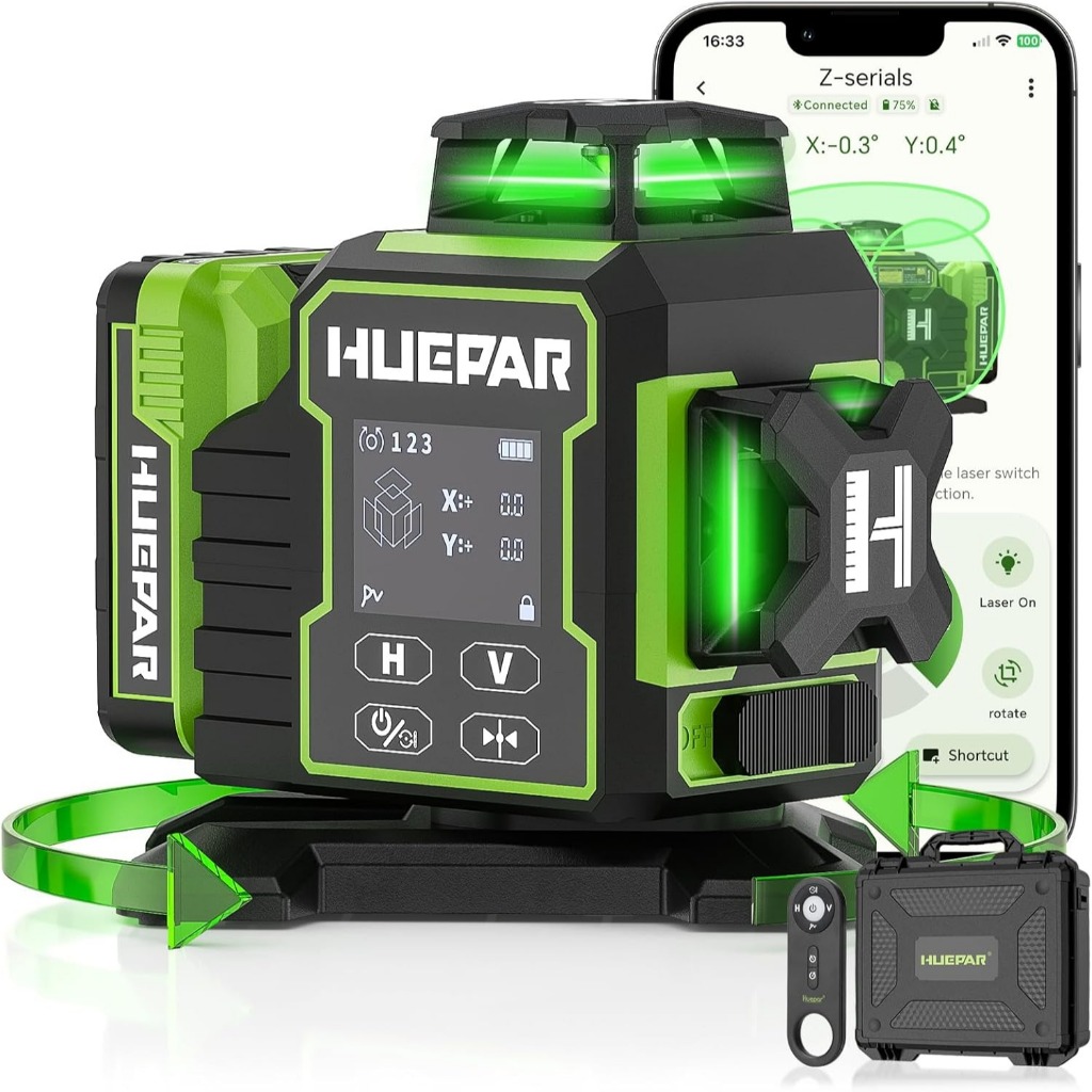 Huepar 2024 เลเซอร์ก่อสร้างใหม่ระดับ 3x360 Self Leveling, 3D 12 เส้นบลูทูธเลเซอร์ระดับฐานหมุนไฟฟ้าแล