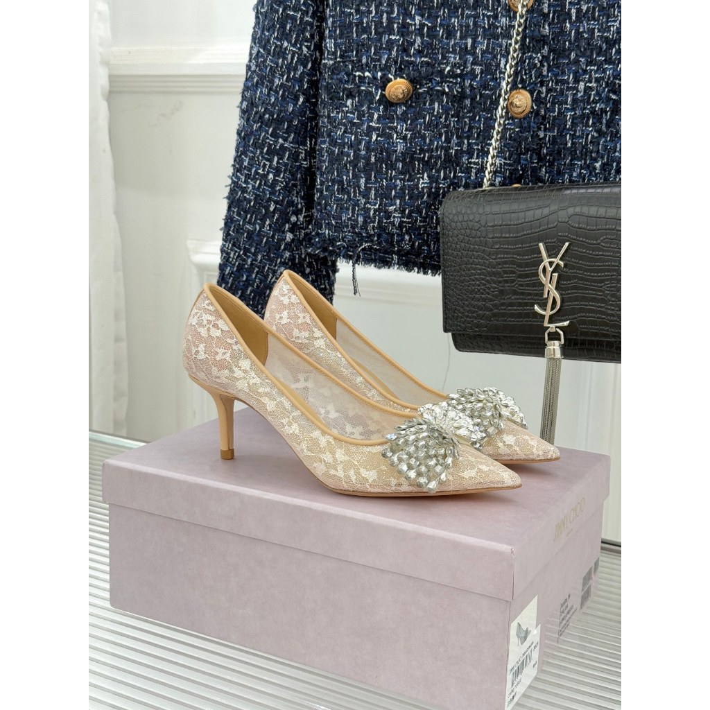 Jimmy Choo2025 แฟชั่นฤดูใบไม้ร่วงสไตล์ Catwalk Lace Rhinestone Bow รองเท้าส้นสูง