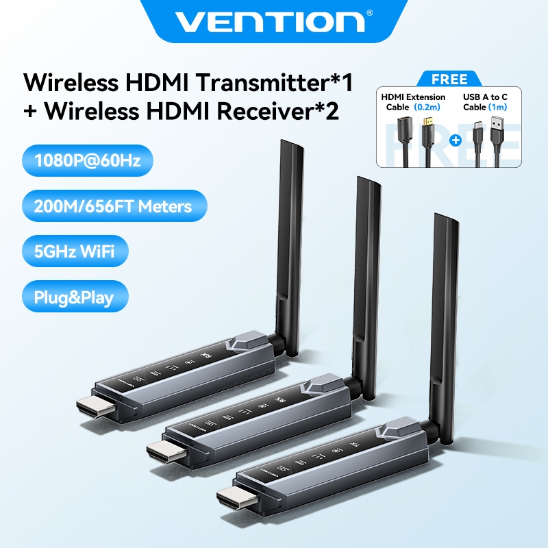 Vention เครื่องส่งสัญญาณ HDMI ไร้สายและตัวรับสัญญาณ 200 ม. Long-Range One-to-Four Plug-Play System สําหรับการสอนการประชุม/โฮมเธียเตอร์/อุปกรณ์แสดงผลธุรกิจ