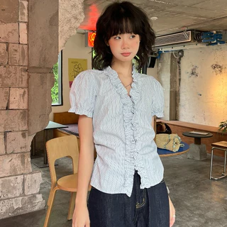 สไตล์เกาหลี ผู้หญิง เสื้อแขนฟอง เสื้อแขนสั้นคอวีไซส์ใหญ่สีทึบ ท็อปส์ซูแฟชั่น