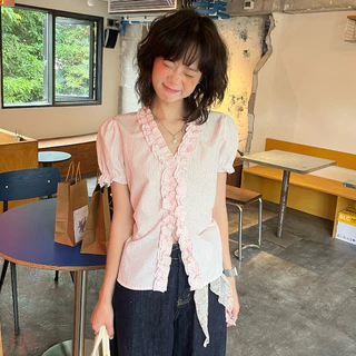 สไตล์เกาหลี ผู้หญิง เสื้อแขนฟอง เสื้อแขนสั้นคอวีไซส์ใหญ่สีทึบ ท็อปส์ซูแฟชั่น