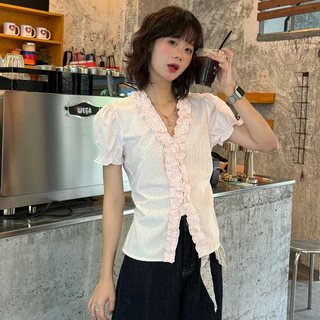 สไตล์เกาหลี ผู้หญิง เสื้อแขนฟอง เสื้อแขนสั้นคอวีไซส์ใหญ่สีทึบ ท็อปส์ซูแฟชั่น