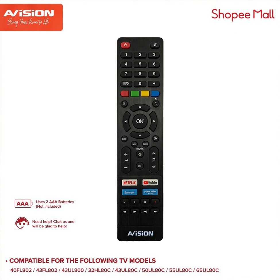รีโมทคอนโทรลสําหรับ Avision สมาร์ททีวีดิจิตอลรุ่น 40/43FL802 & 43UL800,32HL80C & 43/50/55/65UL80C