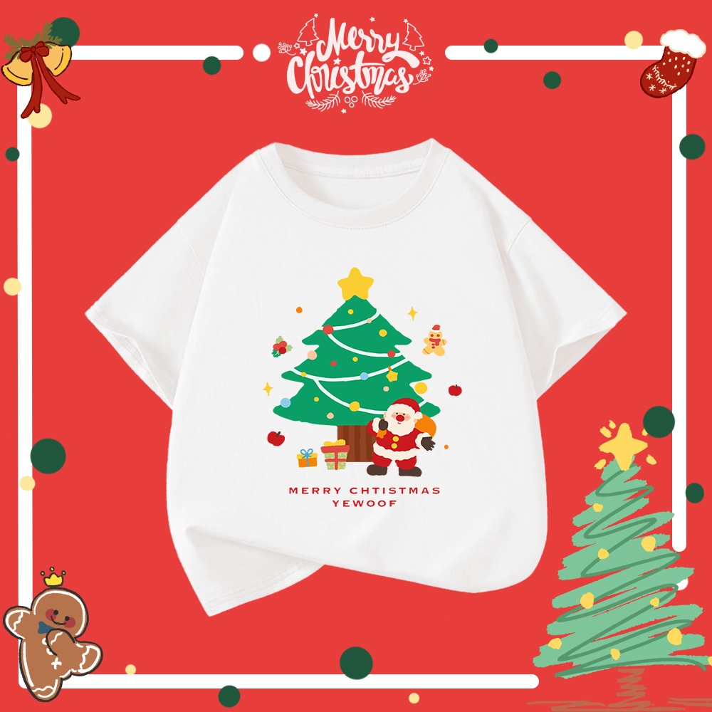 เสื้อคริสต์มาสเด็ก เสื้อยืดลายต้นคริสต์มาส สีแดง แขนสั้น ใส่สบาย (ส่งเร็ว)