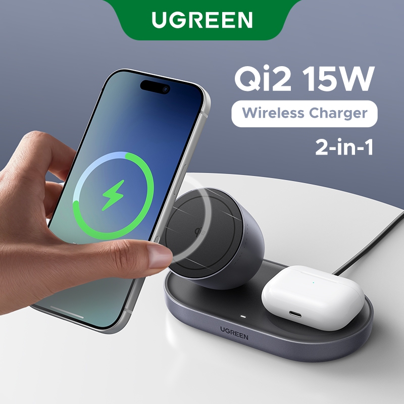 【Qi2】UGREEN 15W Max เครื่องชาร์จไร้สายแบบตั้งโต๊ะ 2-in-1 หูฟัง iPhone ชาร์จเร็ว 48° มุมคงที่ รองรับก