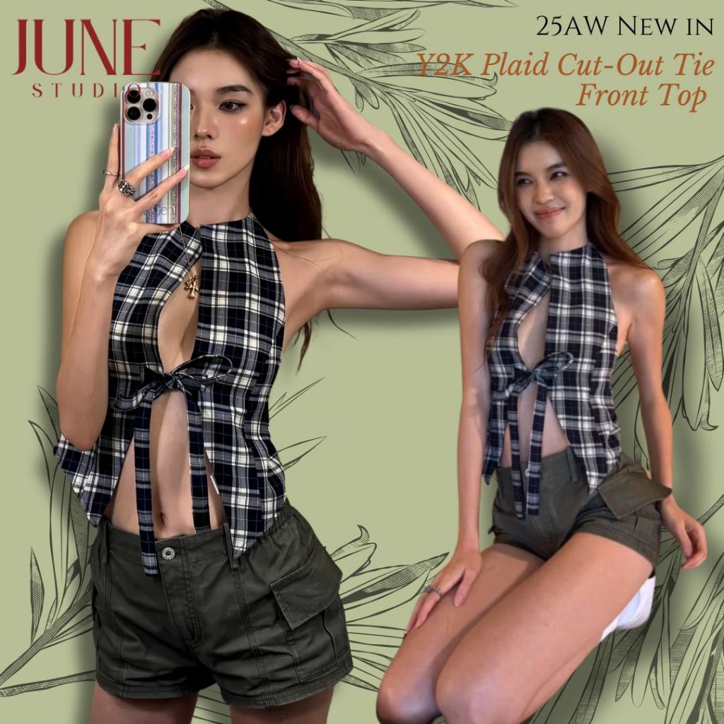 [June Studio] กางเกงวิคตอเรีย สไตล์ยี-two-เค แขนกุด ดีไซน์เชือกรองขึ้น