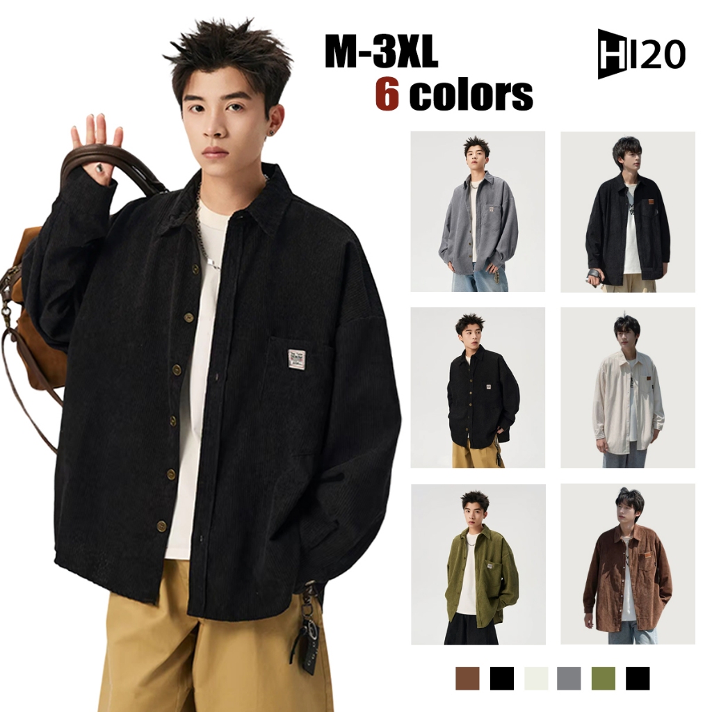 HI20.เสื้อเชิ้ตแขนยาวผ้าลูกฟูกสไตล์เกาหลี Unisex เสื้อลำลองทรงหลวม นุ่มสบาย คลาสสิก แมทช์ง่าย เหมาะสำหรับใส่ไปทำงานทุกวัน M-3XL พร้อมส่ง