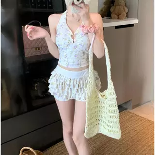 BLISS Rina 2in1 Tankini ชุดดอกไม้ภาษาฝรั่งเศส Halter Neck สูง กางเกงกระโปรง ชุดว่ายน้ำสำหรับวันหยุดเขตร้อน