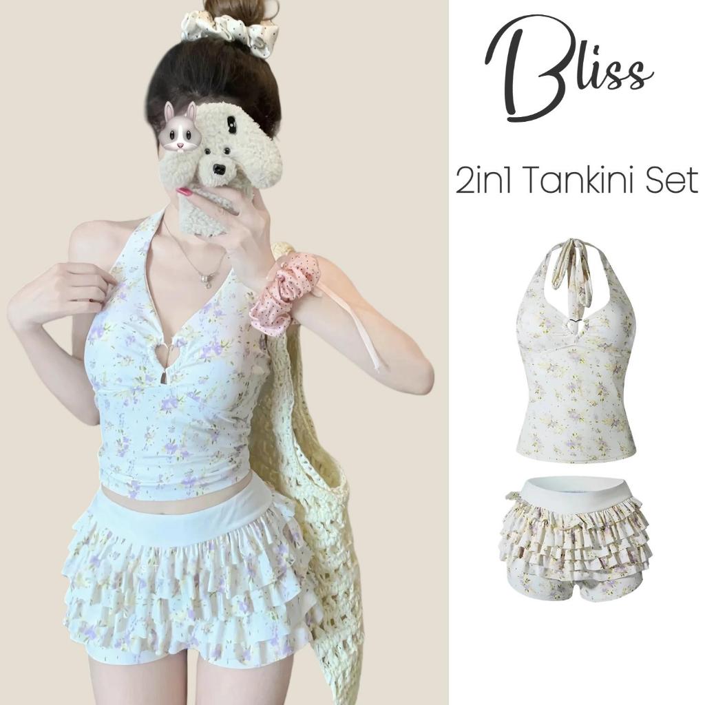 BLISS Rina 2in1 Tankini ชุดดอกไม้ภาษาฝรั่งเศส Halter Neck สูง กางเกงกระโปรง ชุดว่ายน้ำสำหรับวันหยุดเขตร้อน