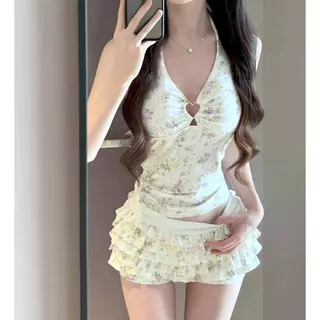 BLISS Rina 2in1 Tankini ชุดดอกไม้ภาษาฝรั่งเศส Halter Neck สูง กางเกงกระโปรง ชุดว่ายน้ำสำหรับวันหยุดเขตร้อน