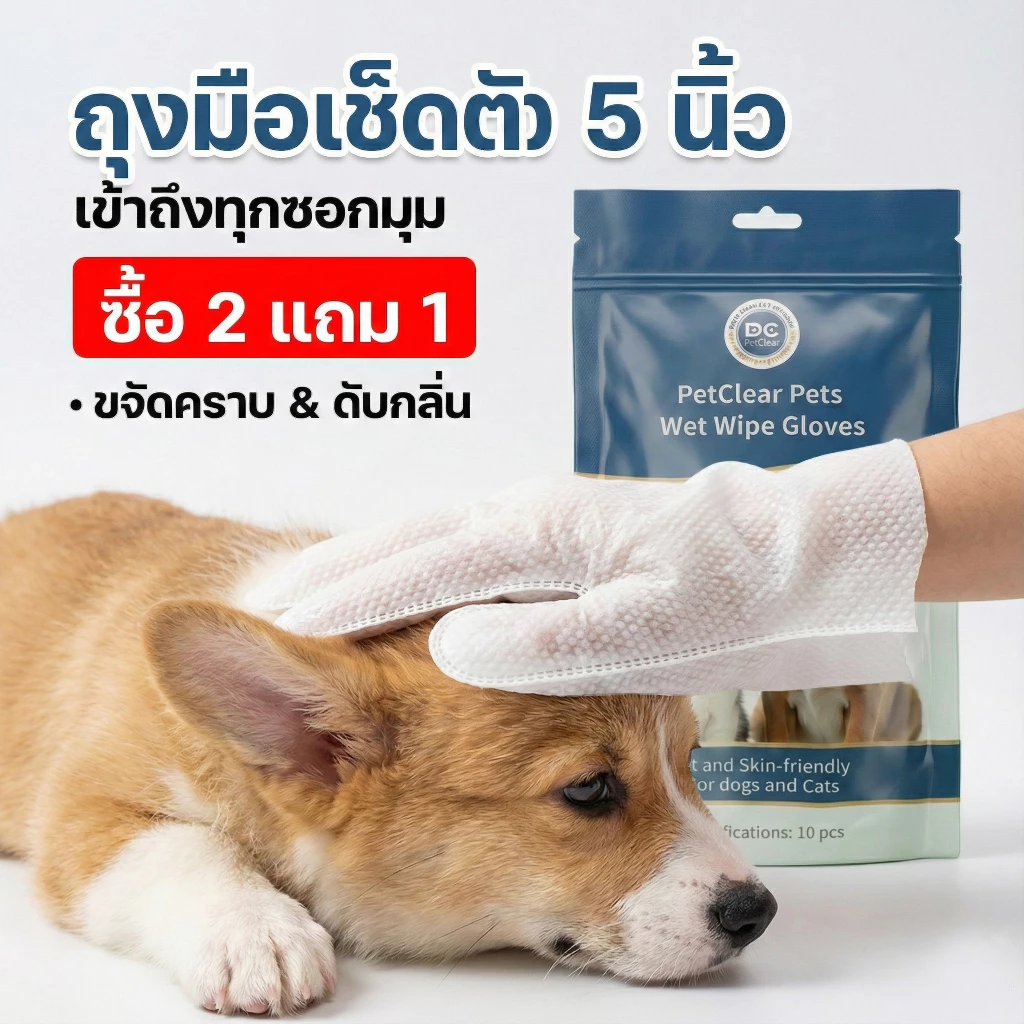 2 กล่อง แถมเพิ่มอีก 1 กล่องPetClear ถุงมืออาบน้ำแห้ง (10 ชิ้น) ผ้าเช็ดตัวแมว ทิชชู่เปียกหมา ดับกลิ่น