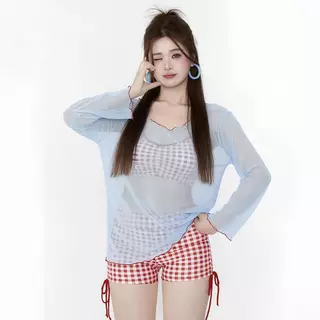 BLISS Ruby 3in1 Plus ชุดบิกินี่ลายสก๊อตสีฟ้าพร้อมชุดคลุมป้องกันแสงแดดแบบ Halter Neck Retro Style สำหรับผู้หญิง