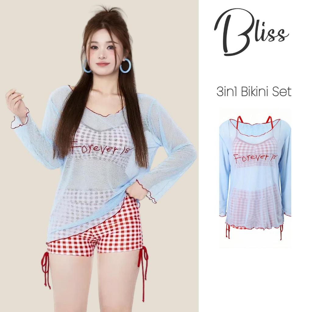 BLISS Ruby 3in1 Plus ชุดบิกินี่ลายสก๊อตสีฟ้าพร้อมชุดคลุมป้องกันแสงแดดแบบ Halter Neck Retro Style สำหรับผู้หญิง