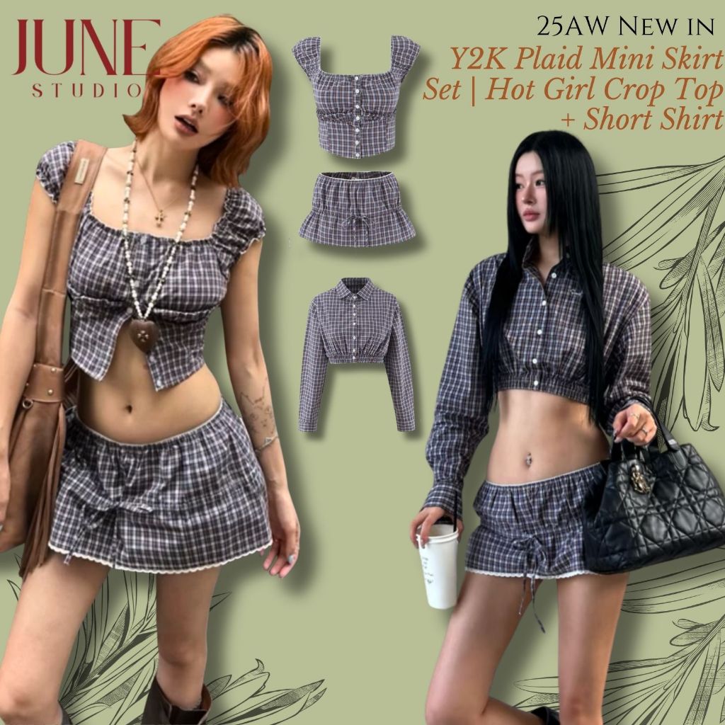 [June Studio] เซทเสื้อสั้นครอปและกระโปรงเอวต่ำ สไตล์เรโทรลายเช็กContrast Color เพื่อมองเห็นบางส่วน ทำให้ดูเพรียวขึ้น