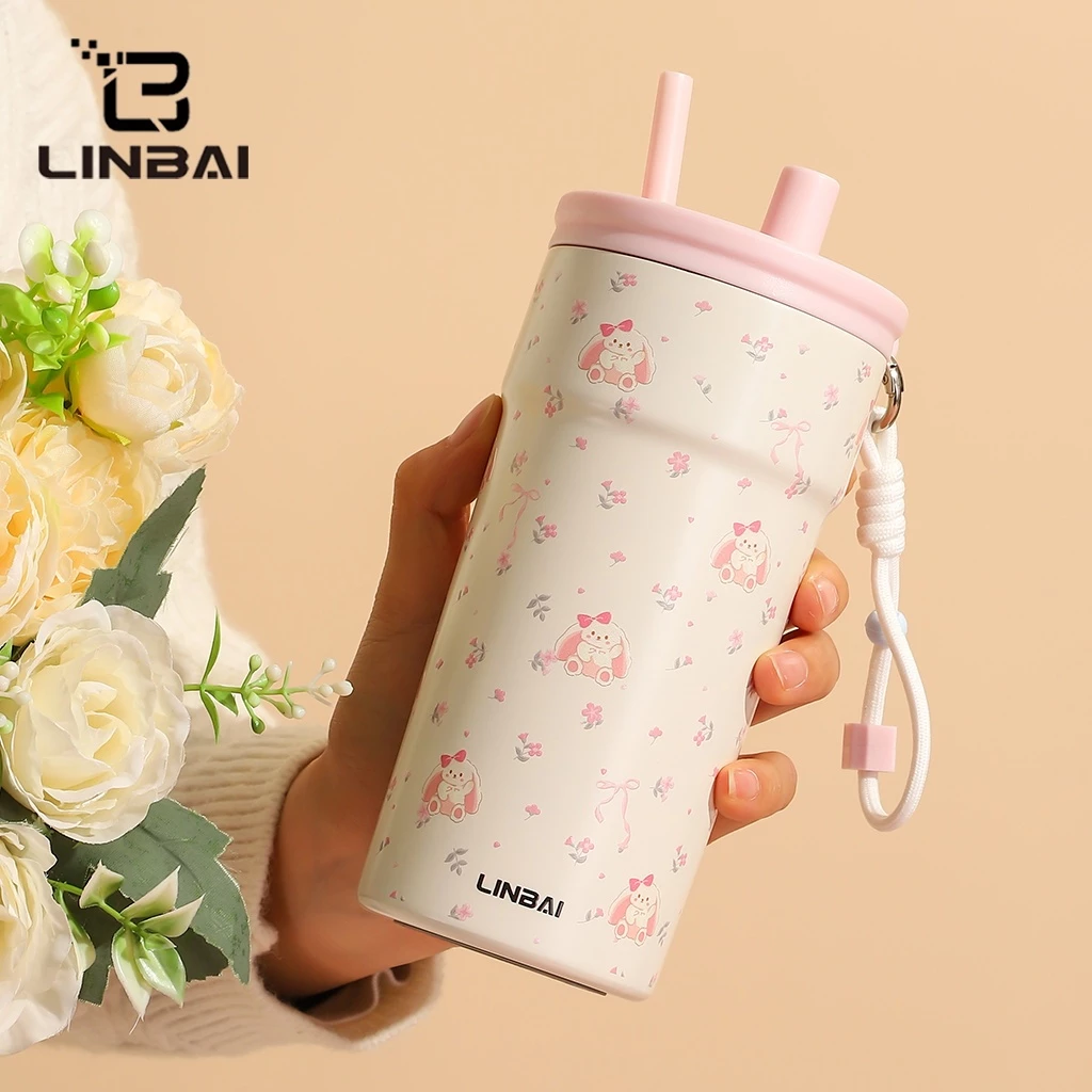 LINBAI กระติกน้ำ 500ml ฉนวนสูญญากาศ 2 ชั้น ภายในเคลือบเซรามิก เก็บความร้อน-เย็น Leakproof พร้อมหลอดดูด thumbnail 3