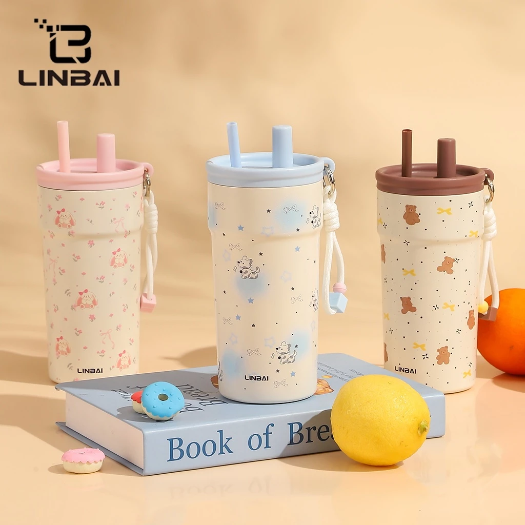 LINBAI กระติกน้ำ 500ml ฉนวนสูญญากาศ 2 ชั้น ภายในเคลือบเซรามิก เก็บความร้อน-เย็น Leakproof พร้อมหลอดดูด thumbnail 5
