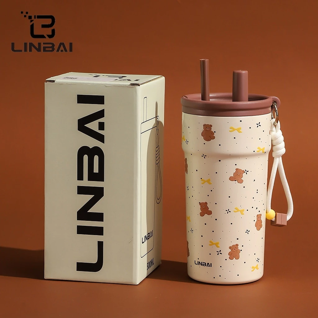 LINBAI กระติกน้ำ 500ml ฉนวนสูญญากาศ 2 ชั้น ภายในเคลือบเซรามิก เก็บความร้อน-เย็น Leakproof พร้อมหลอดดูด
