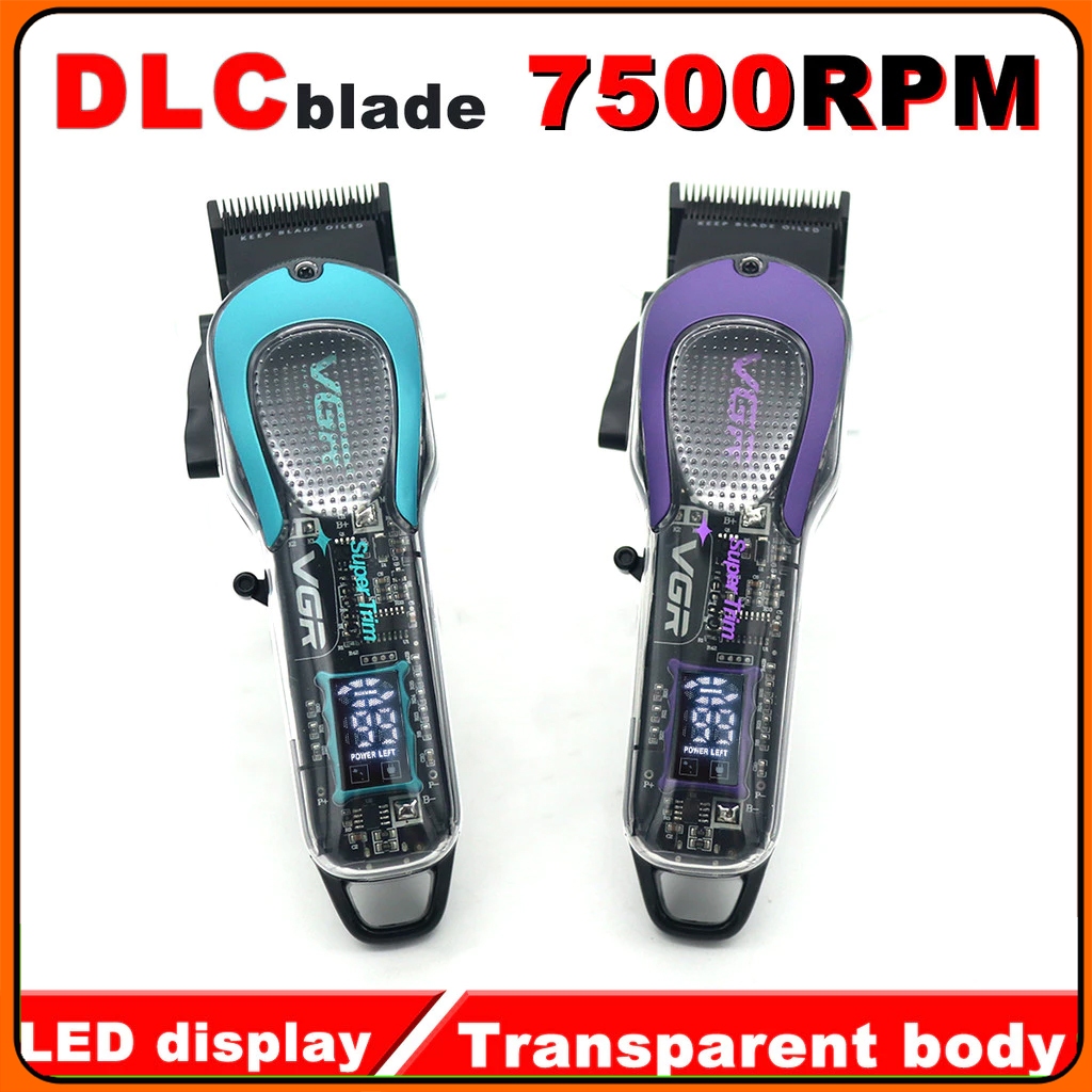 VGR V692 ปัตตาเลี่ยนตัดผมผู้ชาย DLC Fade Blade จอแสดงผล LED อินเทอร์เฟซ USB ไร้สายโปร่งใสเครื่องตัดผ